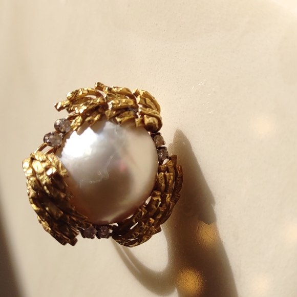 Mabe pearl 18kt Yellow Gold Ring, diamonds, estate Ring vintage - Picture 3 of 16
